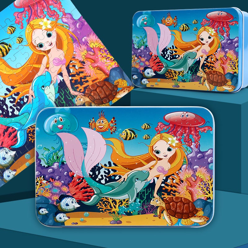 Wooden Puzzle 3-6 Years Old 100 Pieces Iron Box Wooden Puzzle Toy Kidsren'S Educational Early Education Building Blocks Fun - Image 1